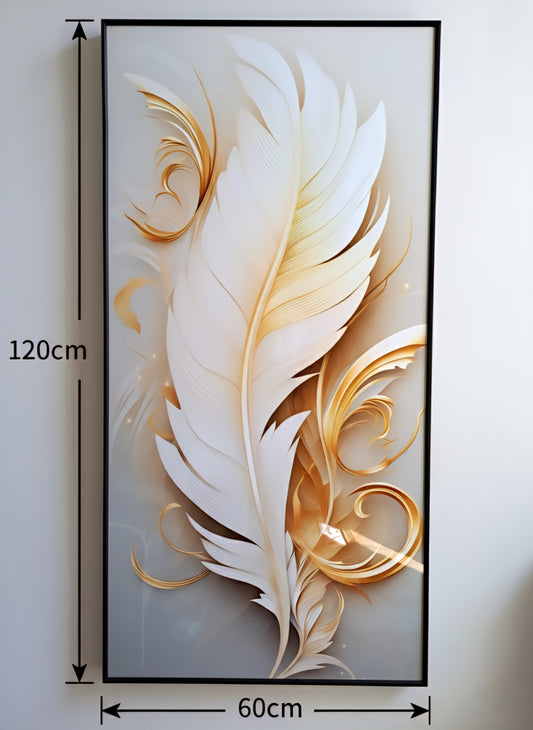 Tableau Plume Légèreté Dorée – Décoration Murale Verre effet Cristal 60x120 cm