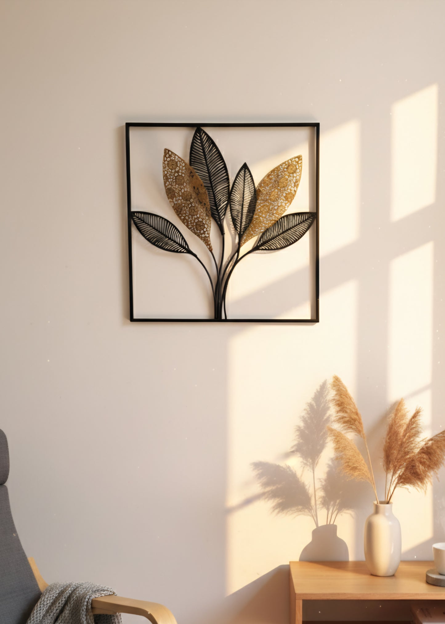 Déco Murale Feuilles en Métal Noir et Doré 60x60 cm