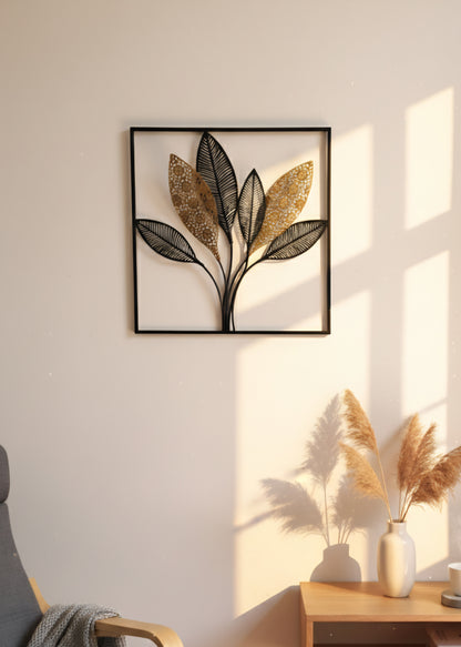 Déco Murale Feuilles en Métal Noir et Doré 60x60 cm
