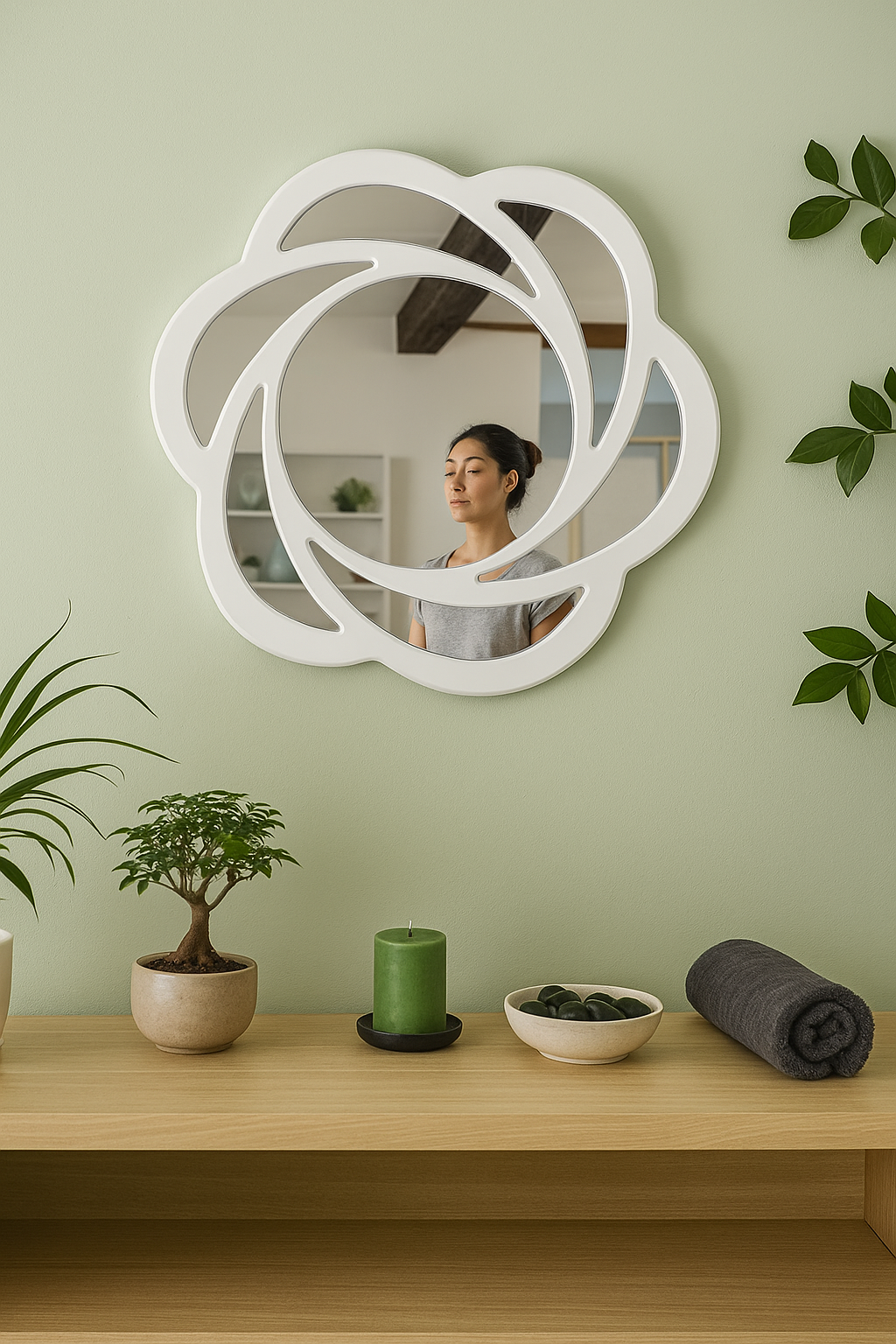 Miroir Fleur de Cristal 60 cm Cadre en bois blanc