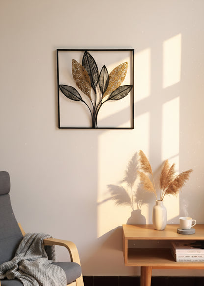 Déco Murale Feuilles en Métal Noir et Doré 60x60 cm