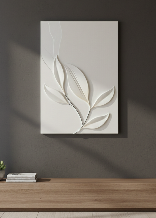 Tableau Décoratif Bois Pureté Naturelle 70x100 cm feuilles bois massif blanc