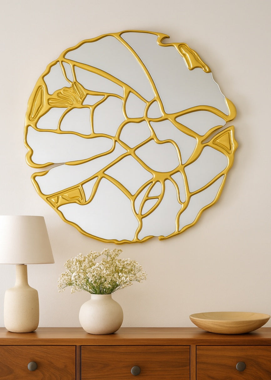 Miroir Éclat Doré 60 cm – Cadre en bois doré, design géométrique moderne