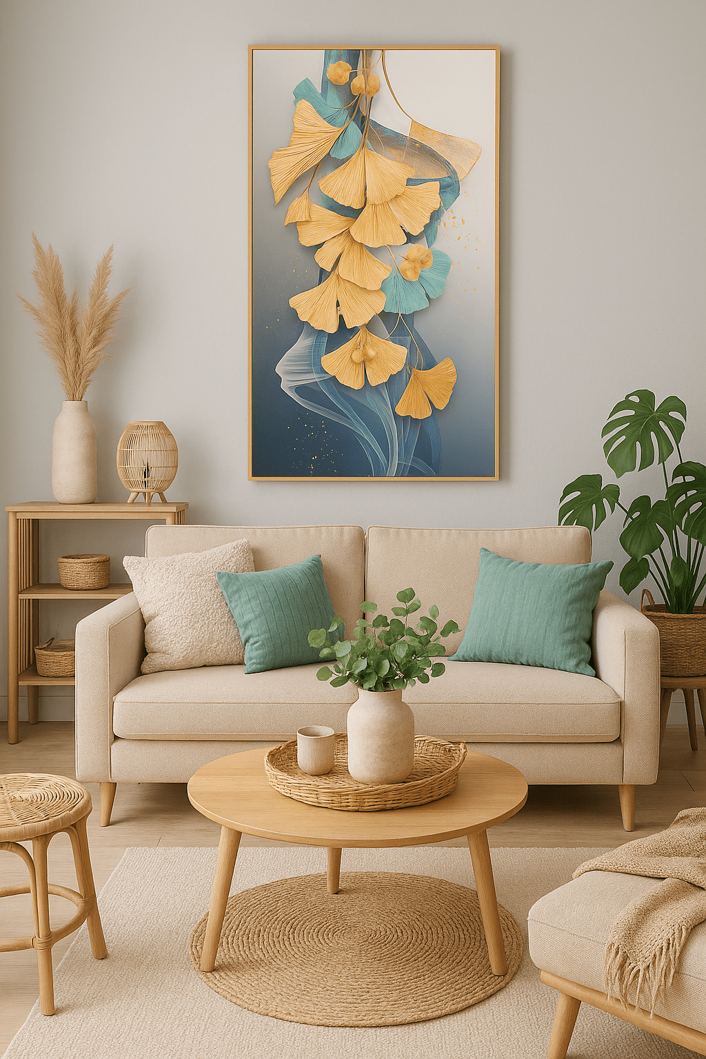 Tableau Ginkgo Feuilles Éthérées – Décoration Murale Verre effet Cristal 60x120 cm - OrnaMura