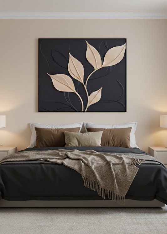 Tableau Décoratif Bois Élégance Nocturne 120x100 cm feuilles bois massif peint à la main